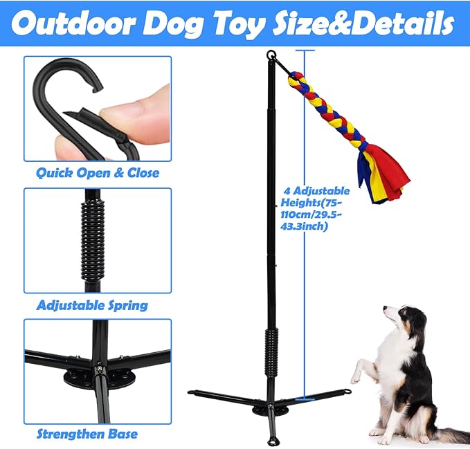 Tether Outdoor Dog Toy,Interactive Exercise Game in Yard Park Tug of War for Large Medium Small Dog Puppy with 2 Rope Toy and Bell Pull Chase and Solo Play