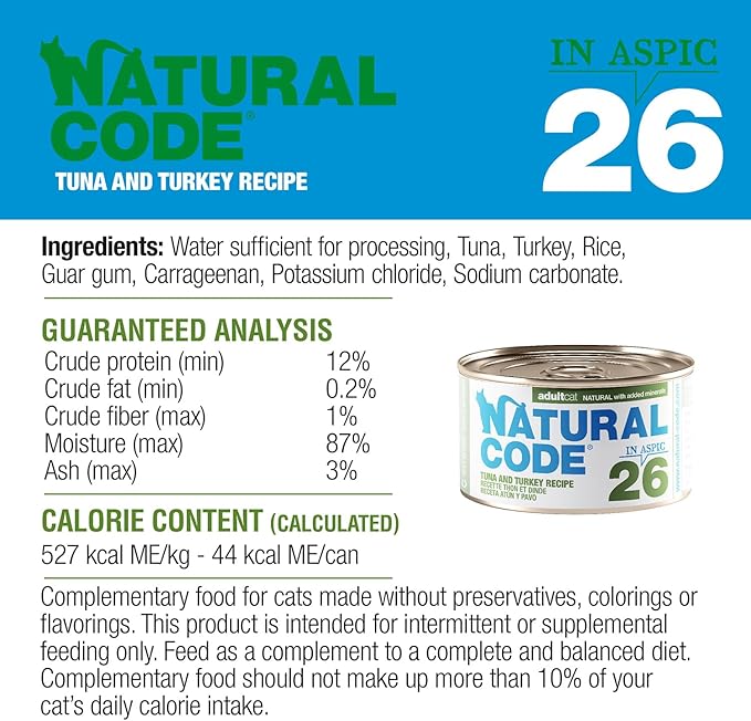 Natural Code Limited Ingredient Wet Cat Food Topper, High Protein, Low Fat, Additive-Free, Non-GMO, No Artificial Colors or Flavors, Tuna & Turkey in Aspic for Adult Cats, 24 Pack of 3oz Cans