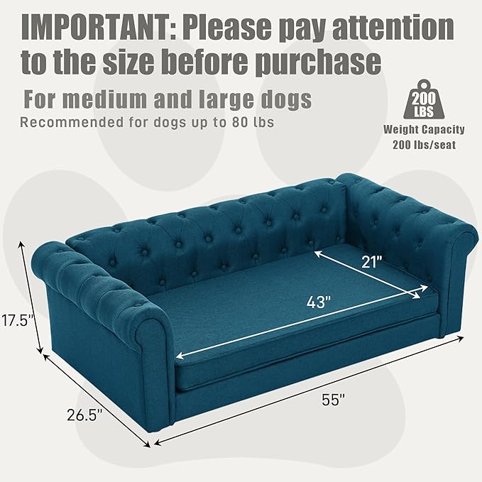 Dog Sofa Couch for Medium to Large Dogs, 55" Memory Foam Pet Sofa Couch with Washable Fabric, Durable Elevated Dog Bed with Legs, Removable Cushion for Medium Dogs, Blue