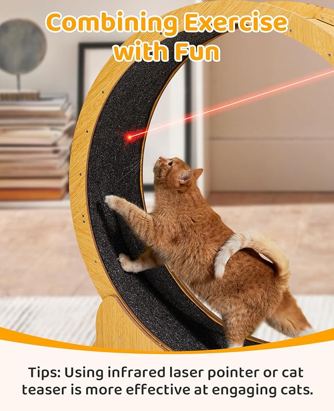 Outvita Cat Exercise Wheel for Quiet Running Indoor Use, 43.3" Cat Treadmill with Detachable Carpet, Cats Exerciser Helps Cats to Lose Weight and Keep Health, Easy to Install (Natural Wood)
