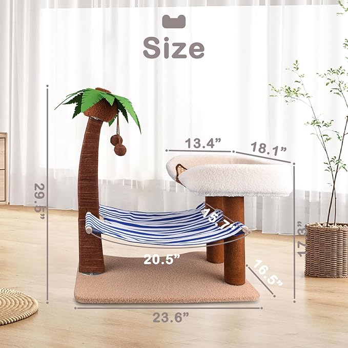 Cat Tree with Cat Bed Tower, 29.5 Inches Tall Cat Scratcher with Hammock for Indoor Cats, Sisal Rope Cat Scratch Post Tall with Hanging Ball for Small Cat Kitten