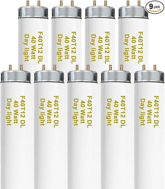T12 48 Inches 40 Watt Fluorescent Tube, F40T12/865 Light Bulb, 6500K Daylight, 3050 Lumens, 4ft Fluorescent Bulb, G13 Bi-Pin Base 9 Count