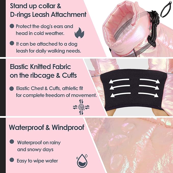 AOFITEE Dog Coat, Waterproof Dog Winter Jacket, Warm Fullbody Small Dogs Snowsuit, Winter Coat for Small Dogs, Zip Up Pet Puffer Jacket Fleece Vest, Outdoor Reflective Pet Snow Jackets, Pink XL