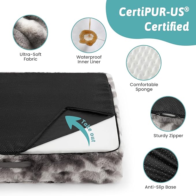 Faux Fur Orthopedic Dog Bed, Pet Couch for Medium Dog, Big Supportive Foam Bolster Sofa with Waterproof Lining Cover, Anti-Slip, Soft, Warm, Washable, C-Shaped, 30x20x6.5 inch, Tie-dye Grey
