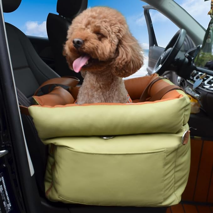 Dog Car Seat for Large Dogs, Large Leather Dog Car Bed with Storage Pocket, Waterproof PVC Leather Booster Seat Travel Bed for Front & Back Seat, Clip-On Safety Leash (Green/Brown)