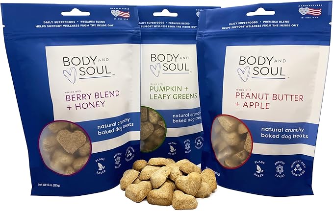 Body and Soul Superfood Crunchy Healthy Dog Treats 3 Pack Variety - Peanut Butter + Apple, Pumpkin + Leafy Greens, Berry Blend + Honey - Plant-Based Biscuits Baked with Ancient Grains - Made in USA