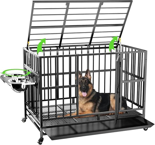LOVMOR 48" Heavy-Duty Dog Crate with Wheels, Air-Lift Top, Dual 360° Adjustable Bowls ??Ideal for Large Dogs