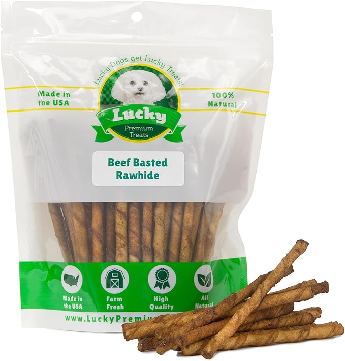 Beef Basted Rawhide Twist Sticks Dog Treats – 325ct. Premium Rawhide Chew Sticks – Long Lasting Beef Flavored Chews for Small Dogs Made in USA with Natural Beefhide
