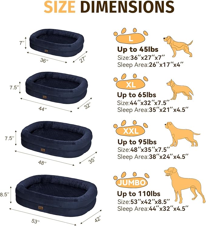 Orthopedic Washable Large Dog Bed: Cooling Dog Bed with Bolsters - Jumbo Bed Waterproof Removable Cover Non-Slip Pet Bed for Extra Large Sized - Navy