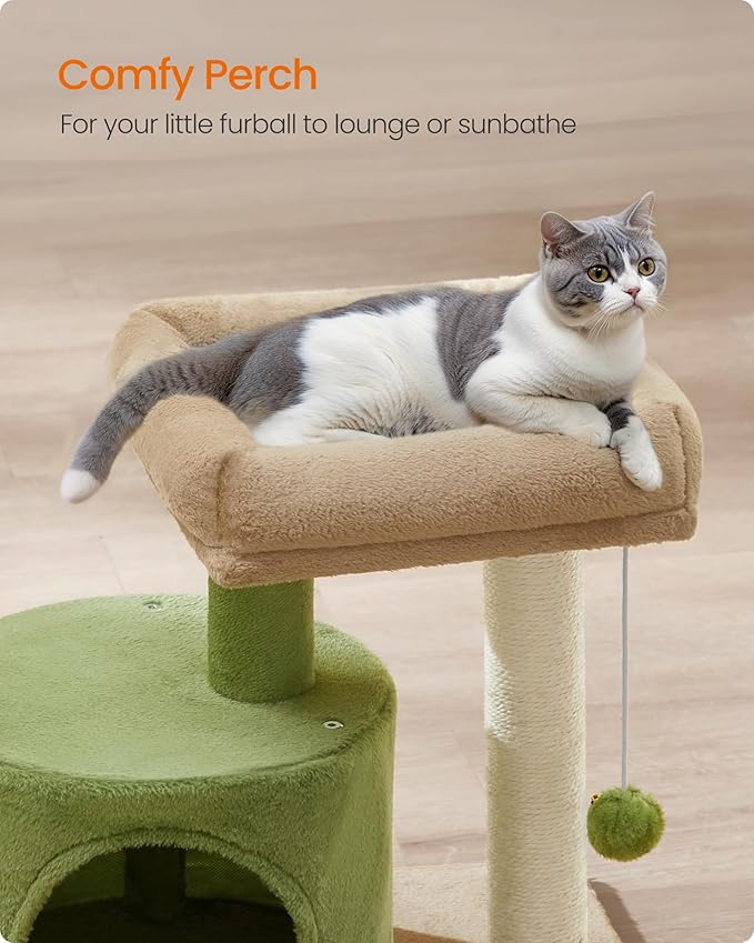 Feandrea Cat Tree Tower with Sisal Scratching Post, Cat Condo with Padded Perch, for Small Spaces, Kittens, Grass Green and Camel Brown UPCT050C01