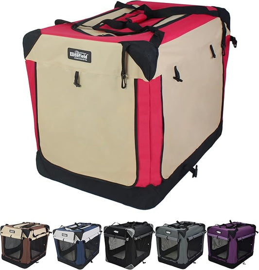 EliteField 4-Door Folding Soft Dog Crate with Curtains, Carrying Bag and Fleece Bed (2 Year Warranty), Indoor & Outdoor Pet Home (24" L x 18" W x 21" H, Red+Beige)