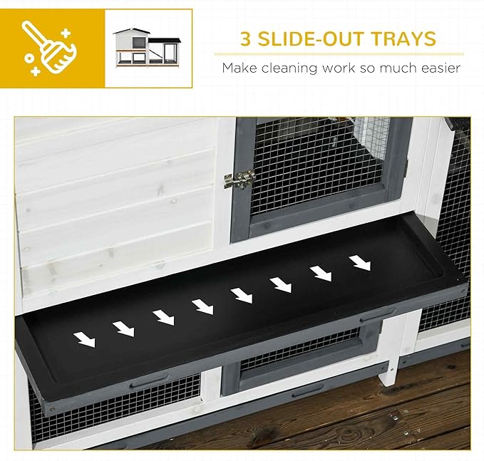 PawHut 62" Rabbit Hutch, Wooden Bunny Hutch, Guinea Pig Cage, Small Animal Enclosure with Run Area, Removable Tray, Asphalt Roof, Lockable Doors and Ramp, for Rabbits, Chickens, Ducks, White