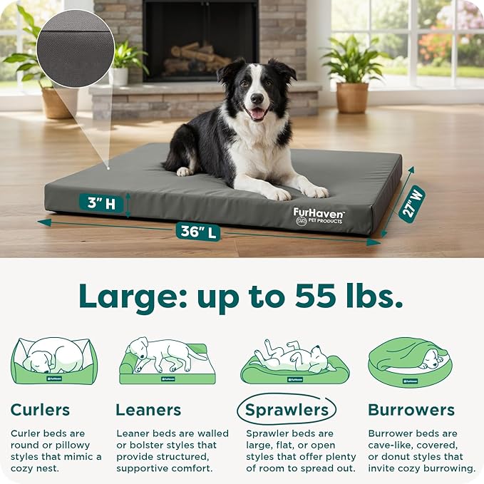 Furhaven Water-Resistant Orthopedic Dog Bed for Large/Medium Dogs w/ Removable Washable Cover, For Dogs Up to 55 lbs - Indoor/Outdoor Logo Print Oxford Polycanvas Mattress - Stone Gray, Large