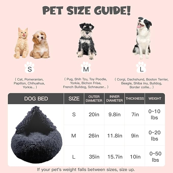 Himax Medium Dog Bed, Round Dogs Beds with Blanket Attached, Comfort Fluffy Calming Dog Bed Washable (20"/26"/35") Deep Grey