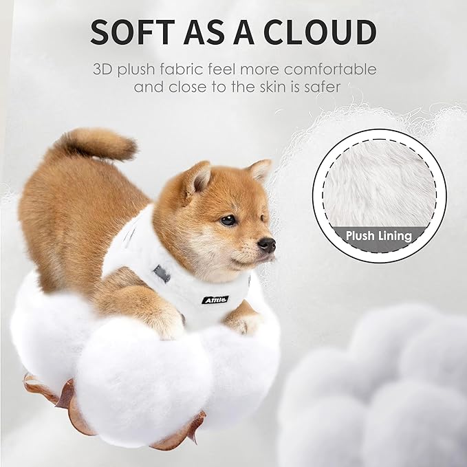 AIITLE Reflective Dog Vest Harness and Leash Set - Adjustable Plush Dog Harness with Safety Buckle and Double O-Rings Buckle - Cold Weather Dog Harness for Indoor and Outdoor Use White XXXS