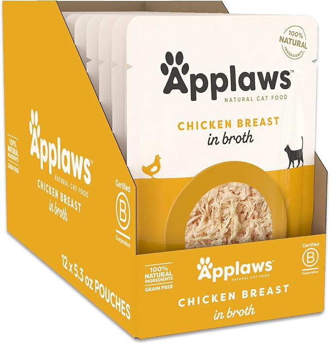 Applaws Natural Wet Cat Food in Broth, Limited and Natural Ingredients, High Protein with No Artificial Additives, Chicken Breast in Broth (12 x 5.3oz Pouches)