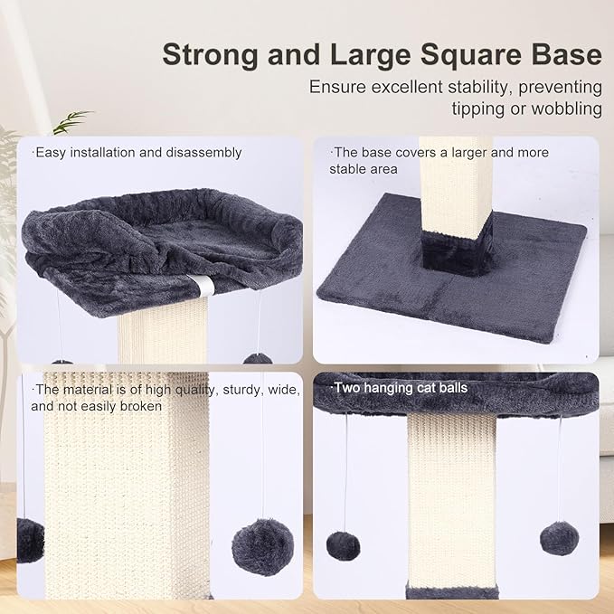34" Cat Scratching Post for Indoor Cats, Sisal Cat Scratcher with Plush Perch and with Two Dangling Balls, Large Scratch Post with Bed, Removable Cover, Sisal Fabric