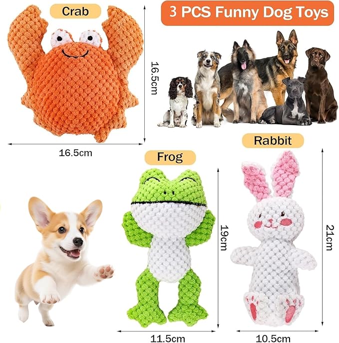 3 Pack Interactive Tough Plush Dog Toy with Squeaker - Durable Chew Toy Dogs - Great for Playtime, Training & Mental Stimulation