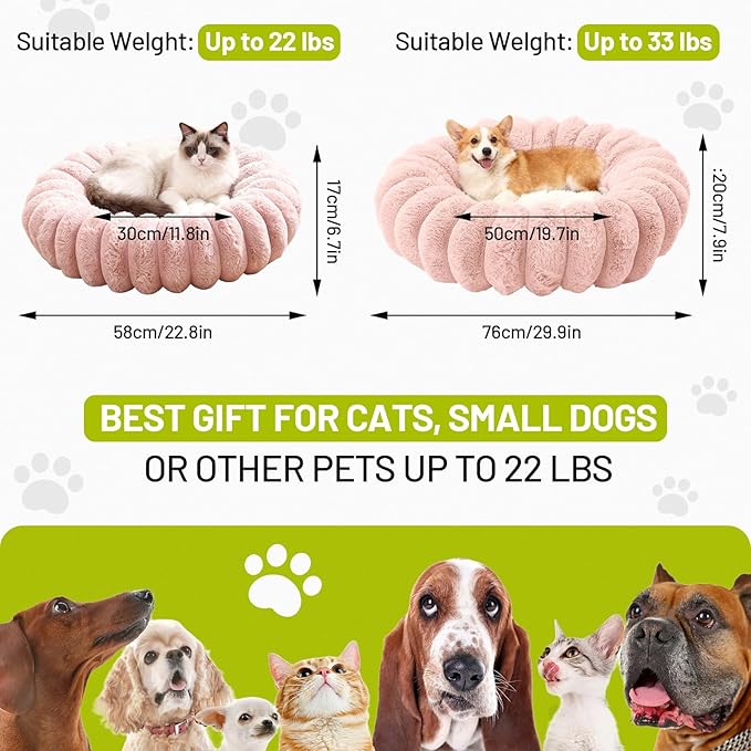 Cloudsoft Flower Cat Bed and Dog Bed, Washable Plush Pet Bed with Non-Slip Water-Resistant Bottom, Faux Furfor Cats & Small Dogs Up to 22 lbs, 22.8"x22.8" (Pink)