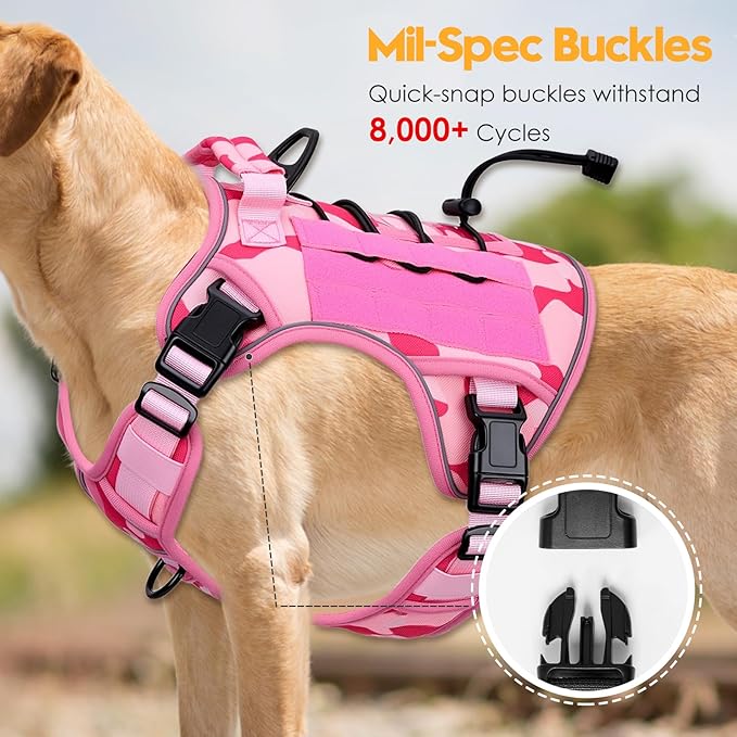 Heavy-Duty Tactical Dog Harness for Large Dogs, No Pull Adjustable Reflective Pet Vest with Molle System, K9 Military-Grade Control for Service Training, Outdoor & 10+ Breeds, Pink Camo, XX-Large