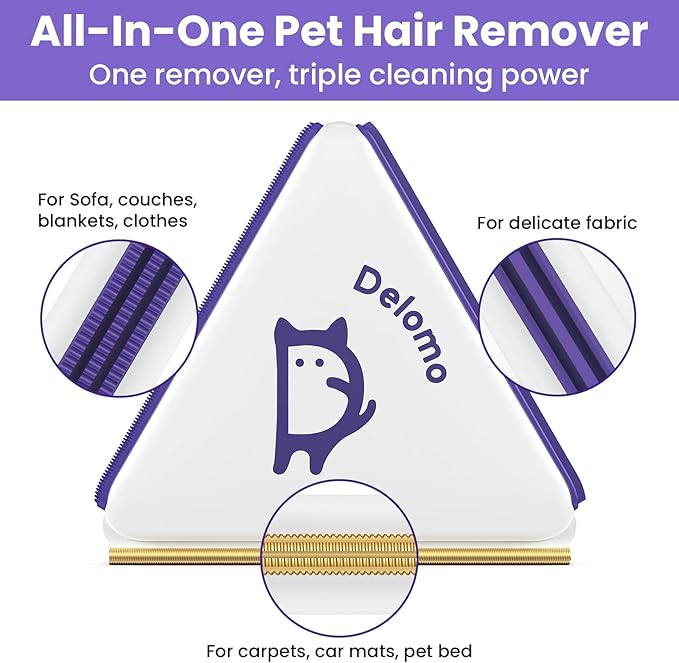 DELOMO Upgraded 3-in-1 Pet Hair Removal Tool: Versatile Dog & Cat Hair Remover – Carpet Rake for Multi-Surface – Reusable Pet Hair Remover for Carpet, Couch, Furniture, Clothes, Car Mats, Pet Bed