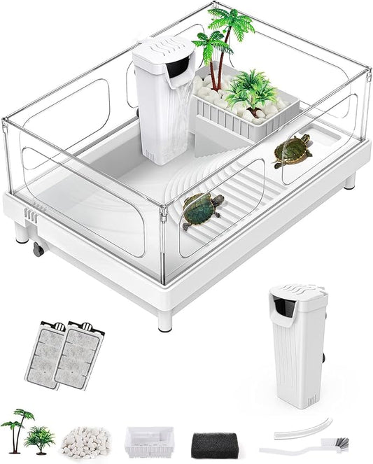 Small Turtle Tank with Filter, Turtle Aquarium, Acrylic Turtle Terrarium with Basking Platform, Bottom Drainage, Multi-Function Areas for Turtles, Crayfish, Small Reptiles (Tank+Filter)