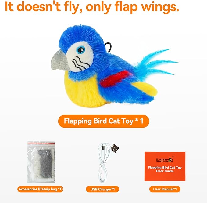 Cat Toys Flapping Bird(Cannot Fly), Electric Simulated Chirping Bird Interactive Kitten Toy with Flappy Wings, Rechargeable Touch Activated Toy with Catnip and Feather for Indoor Cats- Bule