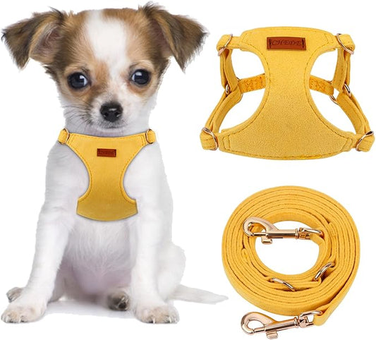 CHEDE No Pull Puppy Harness and Multifunction Dog Leash Set- 8 Colors Soft Adjustable No Choke Escape Proof Cute,Lightweight Pet Vest Harness for Small and Medium Dog (XXS, Yellow)