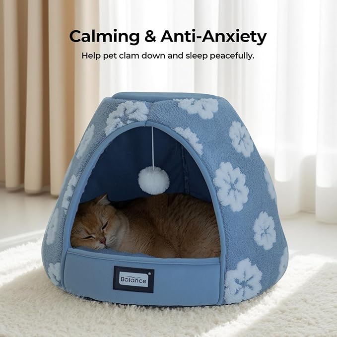 BALANCE Cat Beds for Indoor Cats, 2-in-1 Cat Bed Cave with Anti-Slip Bottom and Ultra-Soft Plush, Cozy Cats House Tent for Kittens and Small Dogs, 19 Inches, Blue