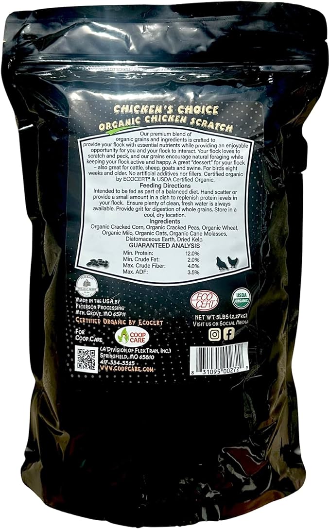 Chicken’s Choice Organic Chicken Scratch 5 lb Bag. Organic 5 Grain High Protein Premium Scratch Grain Treats & Food For Poultry, Duck & other Birds - Non-Gmo Chicken Feed, Soy Free Natural Ingredients