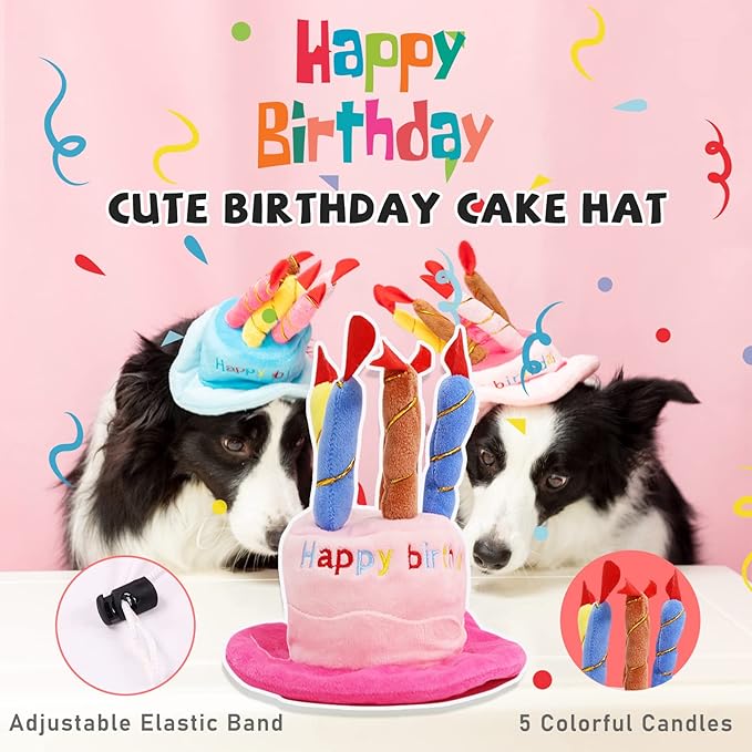 Dog Birthday Toys Girl, Squeaky Plush Birthday Cake Hat Bandana, Birthday Gifts for Small & Medium Dog, 9 Pack Pink