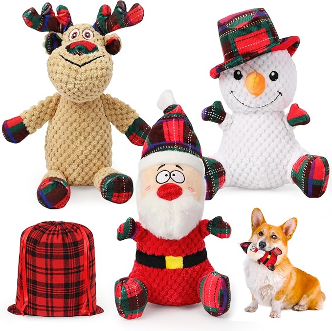 SZEE Christmas Dog Toys, 3 Pack Plush Squeaky Chew Toys for Medium & Big Dogs, Funny Dog Idea, Interactive Pet Playthings for Mental Stimulation - Santa, Reindeer, Snowman