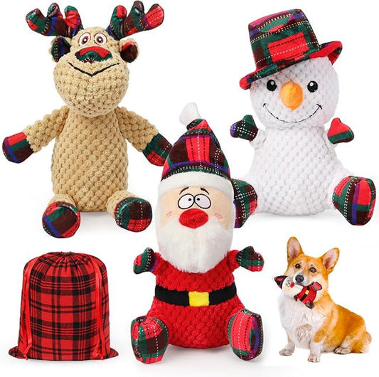 SZEE Christmas Dog Toys, 3 Pack Plush Squeaky Chew Toys for Medium & Big Dogs, Funny Dog Idea, Interactive Pet Playthings for Mental Stimulation - Santa, Reindeer, Snowman