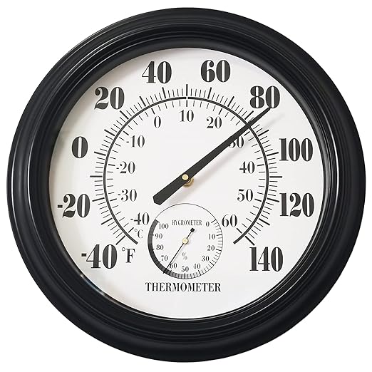 Indoor Outdoor Thermometer Large 12 Inch Wall Thermometer-Hygrometer Waterproof Does not Require Battery (Black)