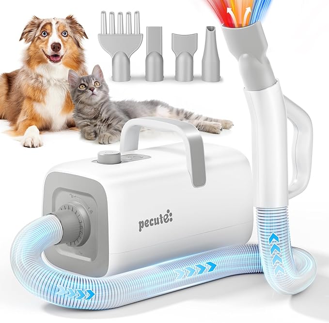 Pecute High-Velocity Dog Hair Dryer, Dog Blow Dryer with Adjustable Speed & Temp, Cool-Warm-Hot Cycle Mode, 4 Nozzles, Soft Noise Pet Dryer for Grooming, Heat Resistant Hose, 6.5ft Cord
