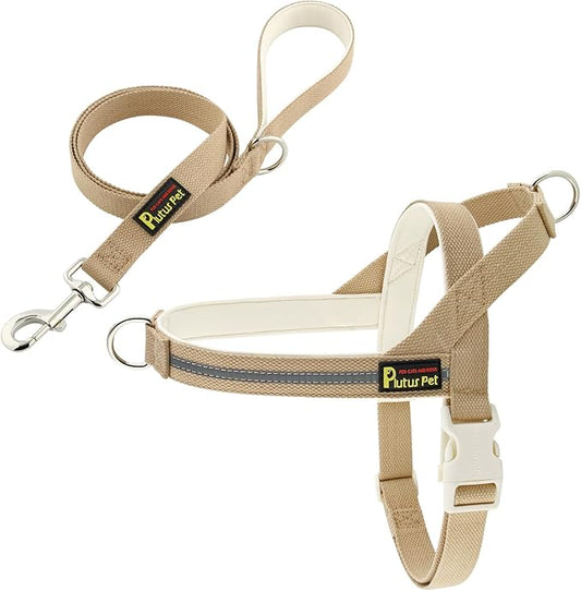 Plutus Pet Cotton Dog Harness and Leash Set, Reflective and Soft Padded, Quick Fit Vest Harness, for Small, Medium and Large Dogs, Beige, XS