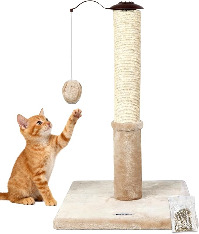 Happi N Pets 22" Cat Scratching Posts for Indoor Cats, Carpet Cat Scratch Post, Sisal Cat Scratcher, Cat Post with Rotatable Hanging Balls & Stable Base, Cat Scratchers for Kittens-Beige