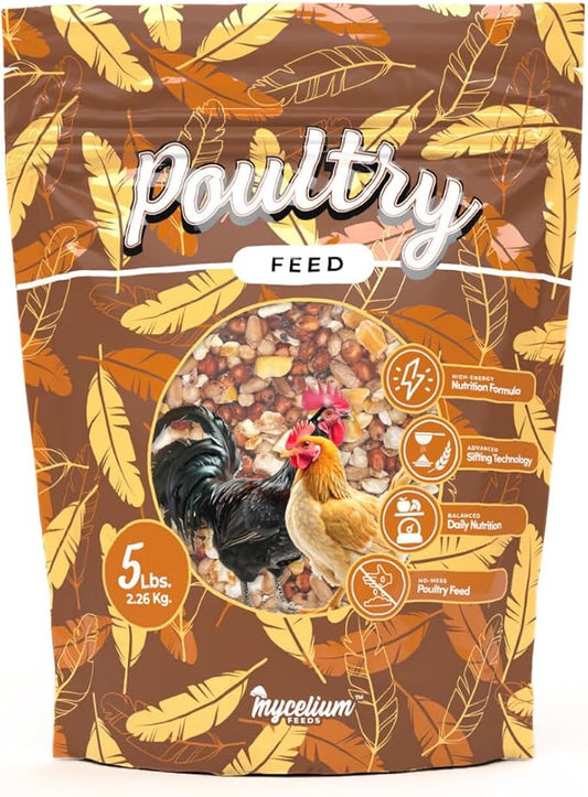 Mycelium Poultry Feed (5 LB Bag) | Organic 3-Grain Scratch for Chickens, Hens, Ducks & Backyard Flocks | High-Energy Daily Nutrition | Cracked Corn, Wheat & Milo | Non-GMO, Made in USA