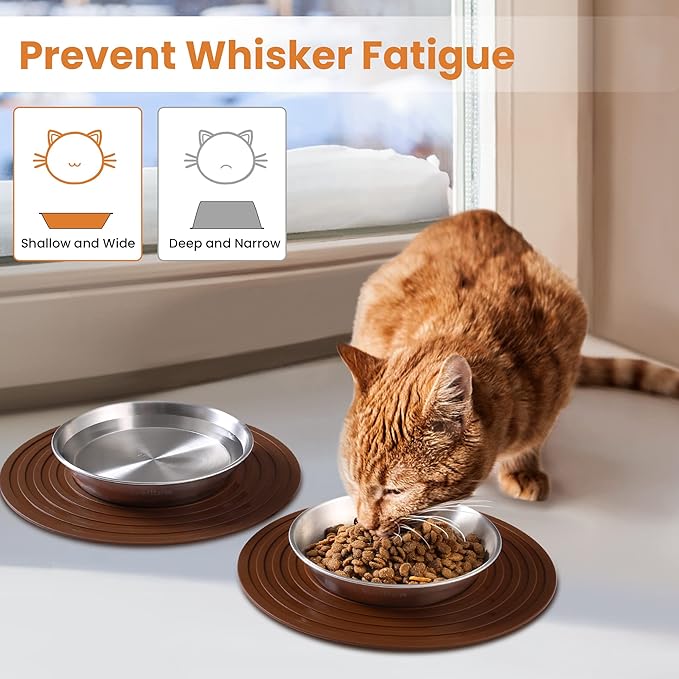 Cat Food Bowls, 2 Pcs Stainless Steel Cat Food and Water Bowls, Whisker Fatigue Shallow Cat Dishes, Small Dog Puppies Fat Faced Cat Kitten Supplies