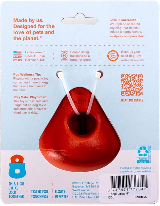 WEST PAW Toppl Durable Dog Treat Puzzle Toy for Medium to Large Dogs- Engaging Interactive Chew Toy for Mental Stimulation, Slow Feeding- 3/4 Cup Capacity - Cardinal Red, Large