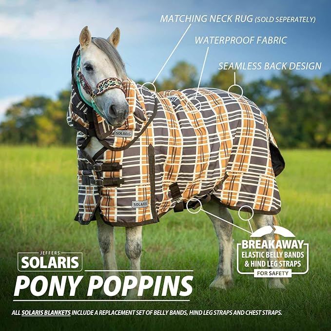 Jeffers Pony Poppins Solaris 1200 Denier Turnout Blanket Brown & Cream Plaid 51" - Waterproof, Breathable Horse Blanket with 0 gram Polyfill, No Insulation, Ideal Protection for Wind & Rain,