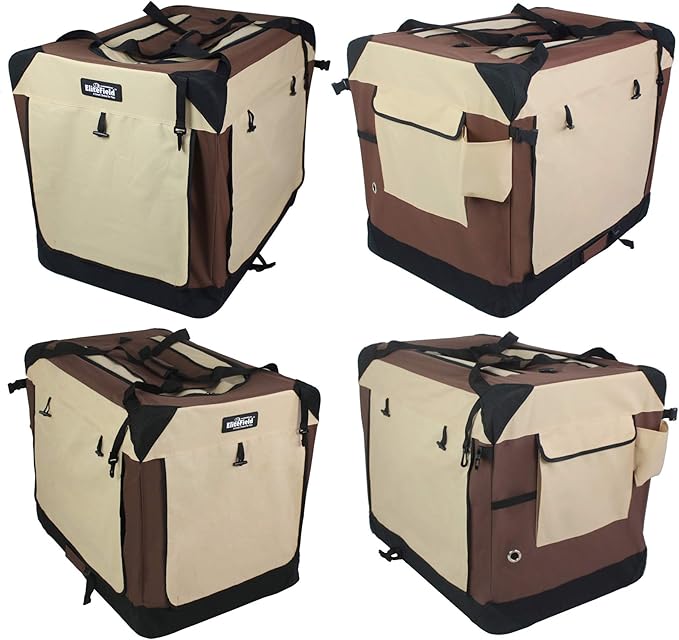 EliteField 4-Door Folding Soft Dog Crate with Curtains, Carrying Bag and Fleece Bed (2 Year Warranty), Indoor & Outdoor Pet Home (36" L x 24" W x 28" H, Brown+Beige)