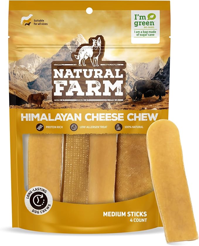 Natural Farm Himalayan Yak Cheese Chews, Protein-Rich, Low-Allergen, Lactose-Free, Gluten-Free, 100% Natural - Medium, 4 Pack
