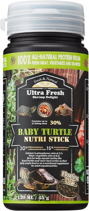 Ultra Fresh Floating Baby Turtle Food, All Natural Ingredients, Wild Sword Prawn, Calcium Vitamin D Enriched for Picky Aquatic Turtles, Baby Turtle Nutri Stick 1.6 oz