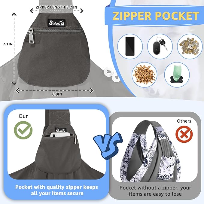SlowTon Dog Carrier Sling - Thick Padded Shoulder Strap Adjustable Dog Carriers for Small Dogs, Puppy Carrier Purse for Pet Cat with Front Zipper Pocket Safety Belt Machine Washable (Grey L)