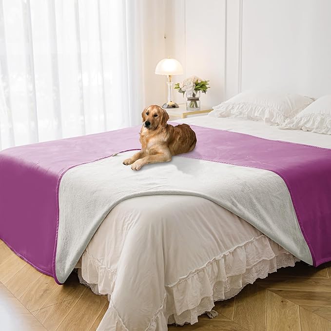 Waterproof Blanket for Bed Protection, Washable Dog Blankets for Couch, Soft Reversible Pet Throw Furniture Protector Cover for Sofa-82"x108",Purple+Cream
