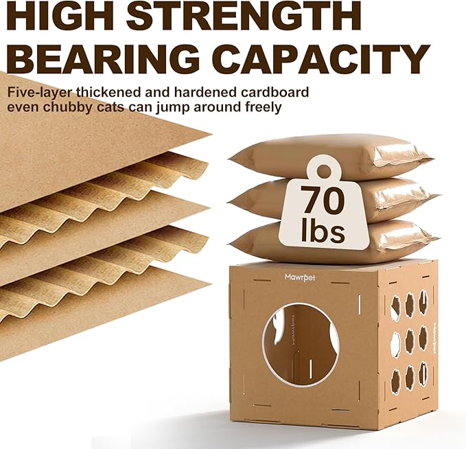 DIY Cardboard Cat House with Scratching Pad, Cat Tower Indoor Play House, Versatile Cardboard Cat Tunnel Box for One or More Pets, Indoor Use Rabbit Hideout Cave Castle Brown, 3 Parts