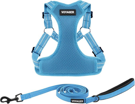 Best Pet Supplies Voyager Mesh Dog Breathable Harness Reflective Stitching, All Weather Adjustable for Walking Training, or Running - Heavy Duty & Durable, Harness Leash Set (Baby Blue), S