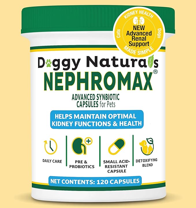 NEPHROMAX™ Synbiotic Capsules for Kidney Support for Dogs & Cats (120 Small Capsules) - Advanced Next-Generation Enteric detoxifying Proprietary Blend of Pre & Probiotics for Kidney Function,U.S.A