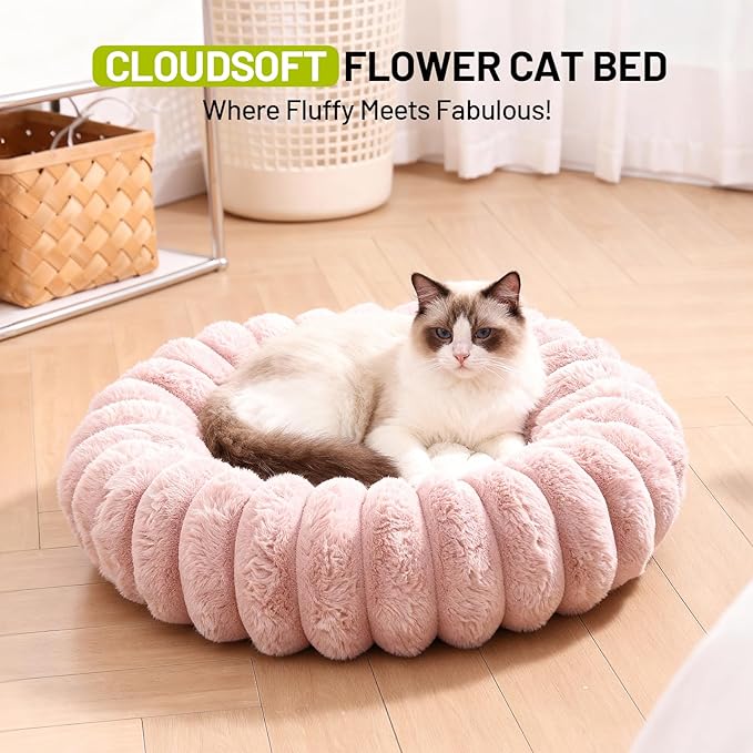 Cloudsoft Flower Cat Bed and Dog Bed, Washable Plush Pet Bed with Non-Slip Water-Resistant Bottom, Faux Furfor Cats & Small Dogs Up to 22 lbs, 22.8"x22.8" (Pink)